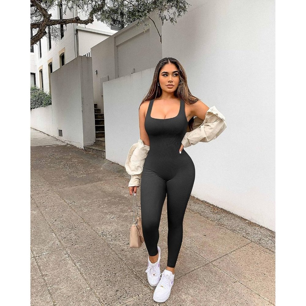 Women's Black One Piece Square Neck Workout Seamless Jumpsuit